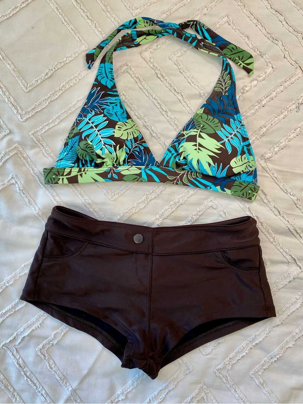Y2K Brown Swim Shorts and Tropical Leaf Halter Bikini Top Set